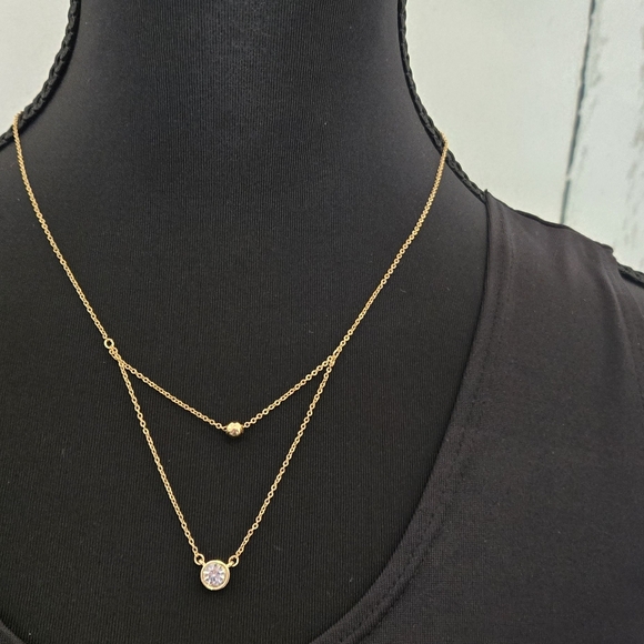 NWT Marlyn SchiffDouble Layered Gold Tone Necklace with Clear Crystal Gold Bead - Picture 6 of 10